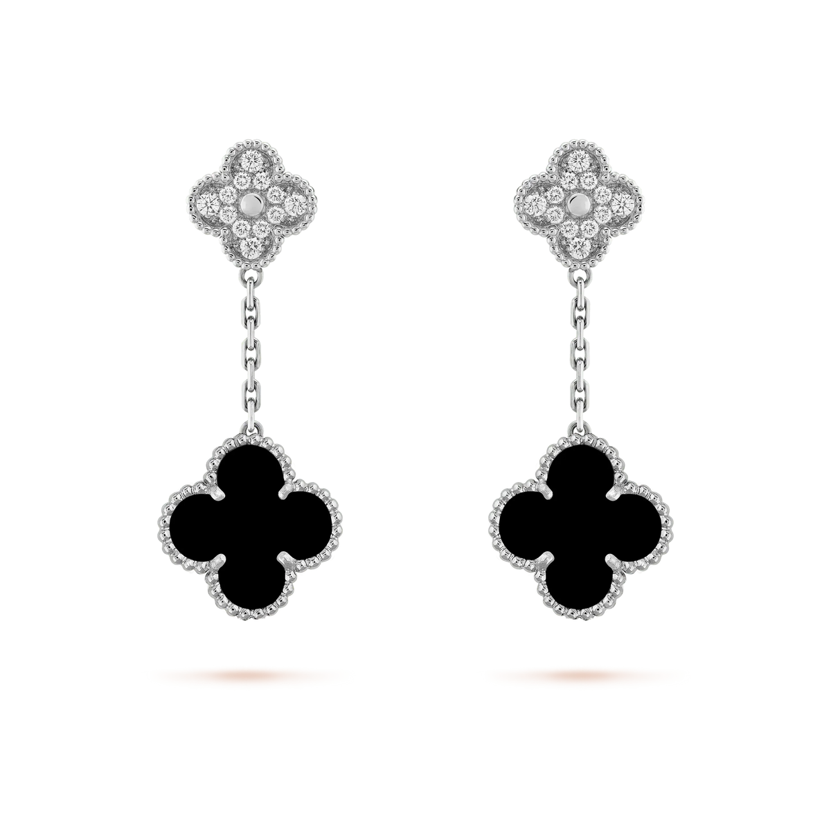 [Topon]CLOVER 2 MOTIFS  DIAMOND ONYX EARRINGS SILVER
